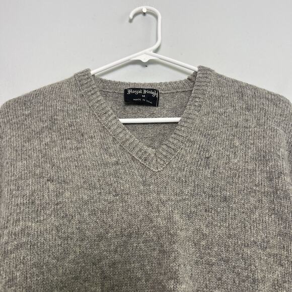Royal Knight Mens Wool Blend V Neck Cable Knit Sweater Gray Sz M Preppy USA Made - Picture 2 of 9